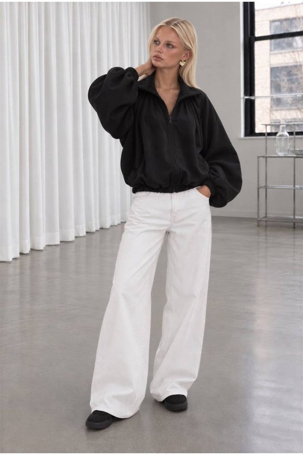 Balon Sleeve Polo Collar Waist Drawstring Zipper Detailed Women's Jacket 52108008