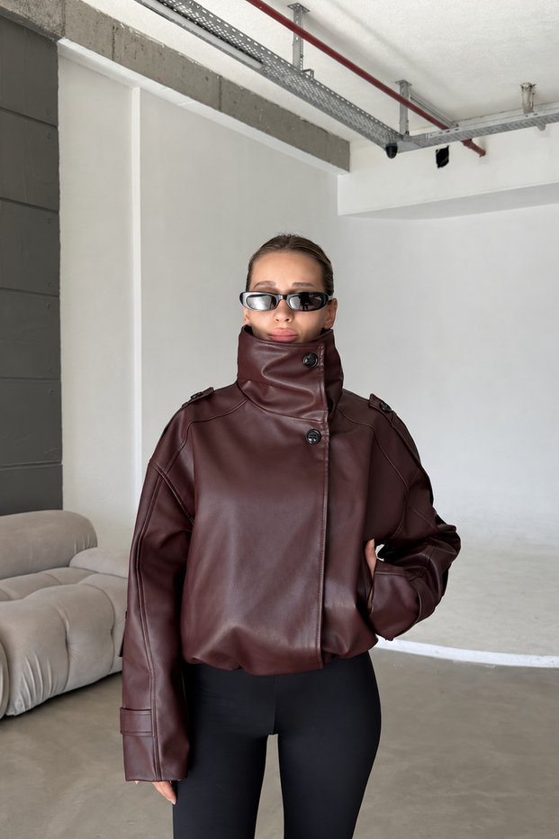 Nicole Soft Textured Stand Collar Oversized Epaulet Detailed Bomber Women's Leather Jacket