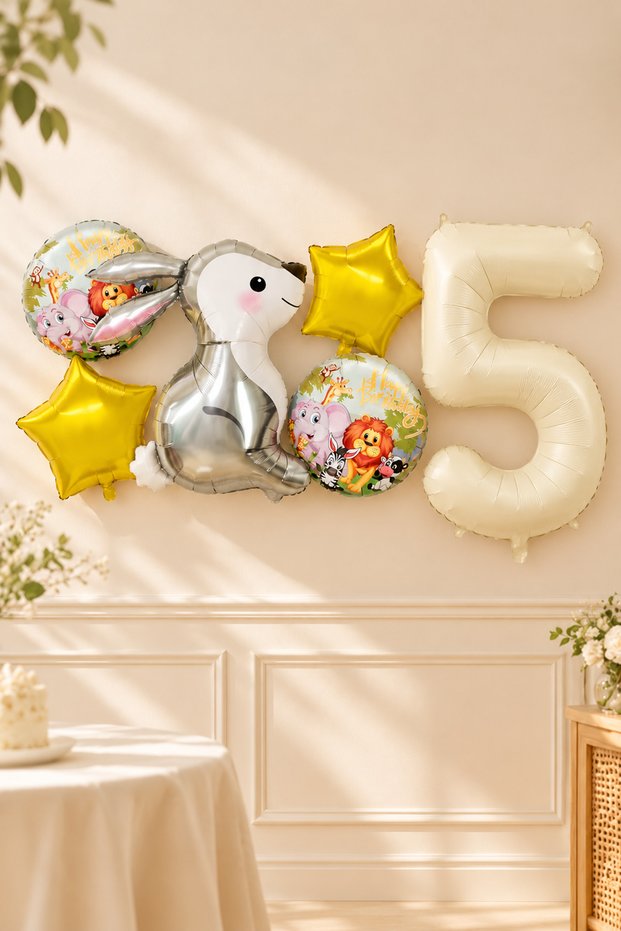 Set of 5 with 5 Year Old Silver Rabbit Foil Balloons and Number Balloon Safari Theme Balloon Set Set41