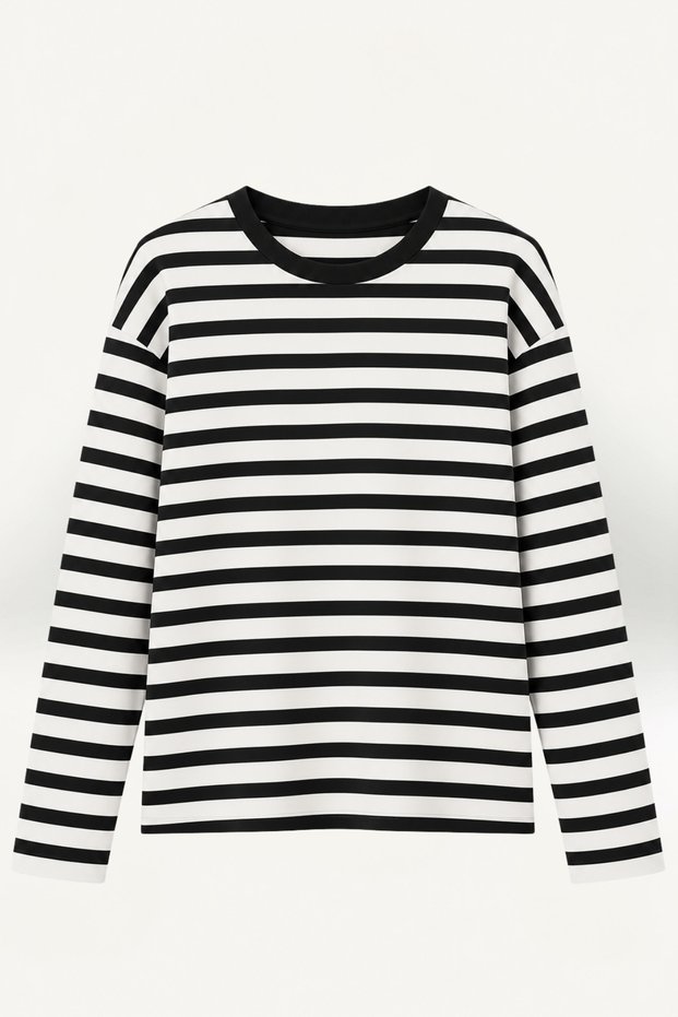 Women's Crew Neck Thin Striped Black and White Oversize Soft Textured Knitwear Blouse