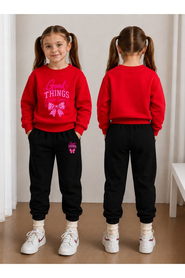 Sweatshirt Tracksuit Set for Girls, Crew Neck Printed 3 Yarn Threaded Winter Cotton Comfortable Fit Set