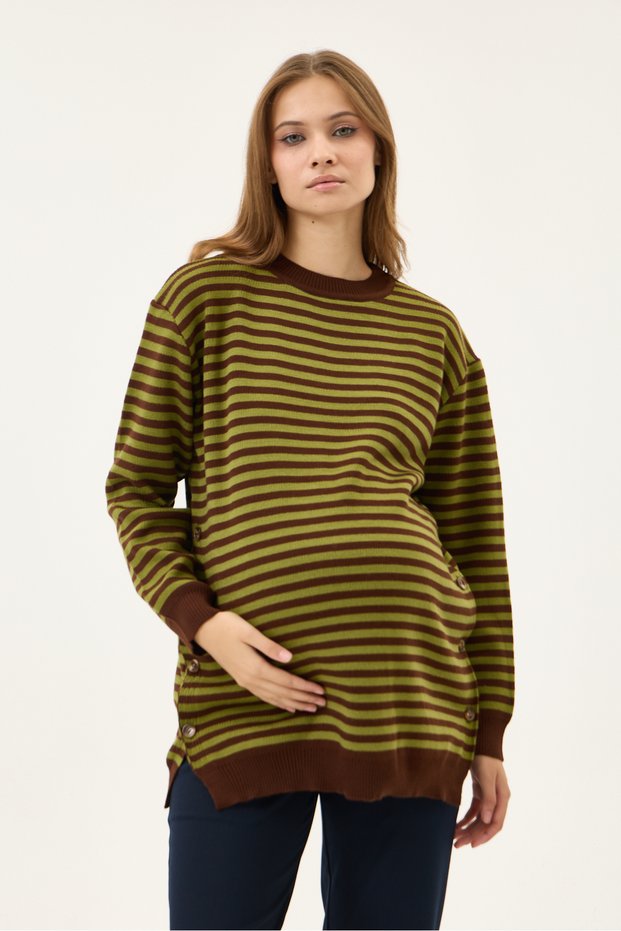 Maternity Striped Sweater with Side Open Buttons (Coffee)