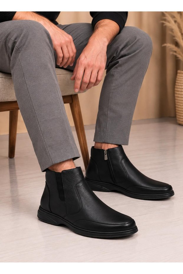 100% Genuine Leather Men's Casual Winter Shoes with Comfortable Fur Lining, Large Size, Classic Zipper Closure