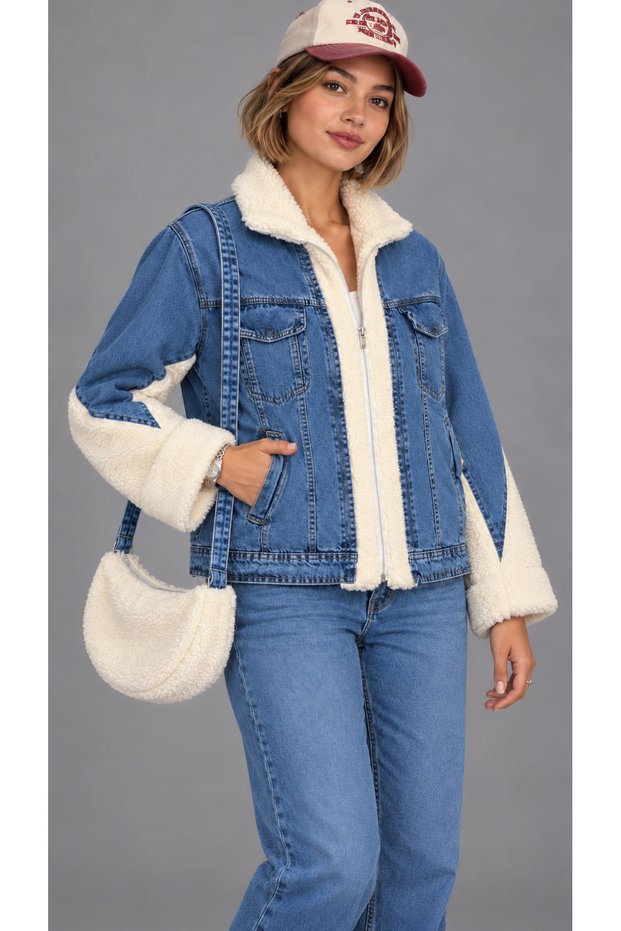 Plush Denim Decorated Aster Bag Coat