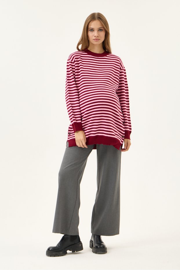 Maternity Striped Sweater, Detailed with Openable Buttons on the Sides (Pink)
