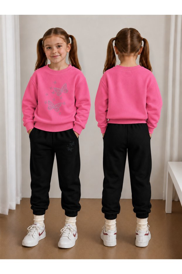 Sweatshirt Tracksuit Set for Girls, Crew Neck Printed 3 Yarn Threaded Winter Cotton Comfortable Fit Set