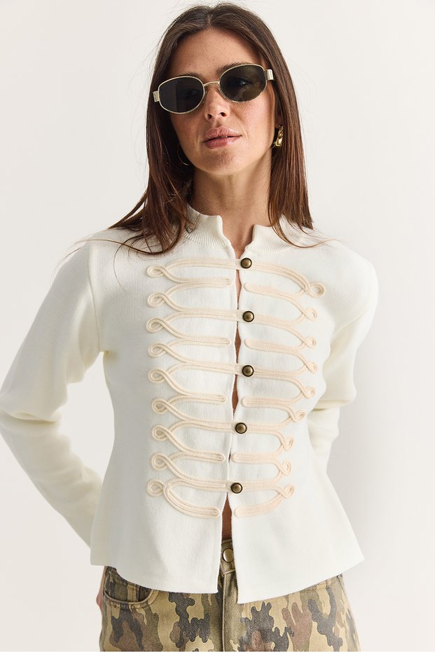 Women's Cream Napoleon Model Piping Detailed Metal Buttoned Stand Collar Knitwear Cardigan 9116 60286736