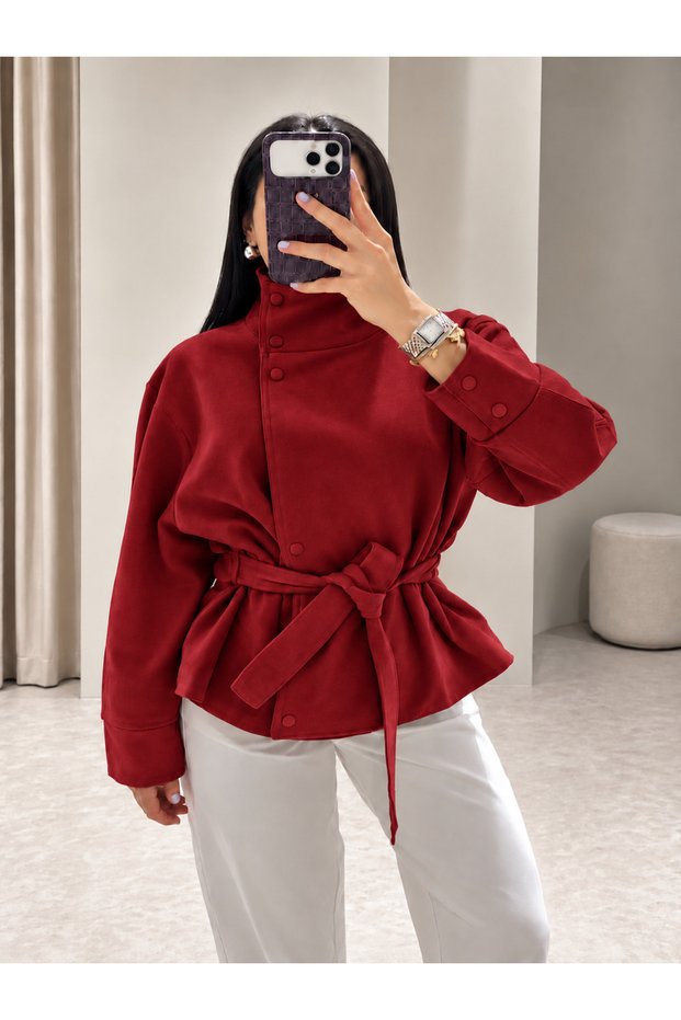 Red Suede Stand Collar Belted Drawstring Leather Jacket