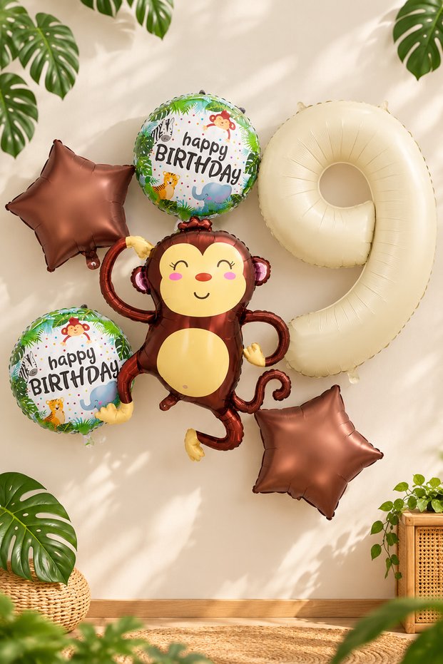9 Year Old Monkey Foil Balloon Safari Theme Birthday Balloon Set Set43