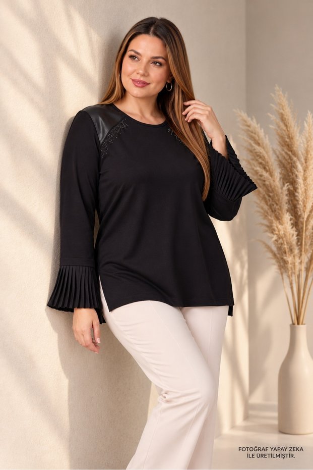 Women's Black Plus Size Shoulder Faux Leather Stone Detail Sleeve Flounce Chiffon Pleated Long Sleeve Crew Neck Stretchy Viscose Blouse