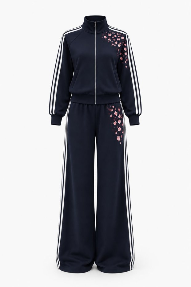 Sakura Flower Embroidered Striped Zippered Tracksuit Set Navy Blue