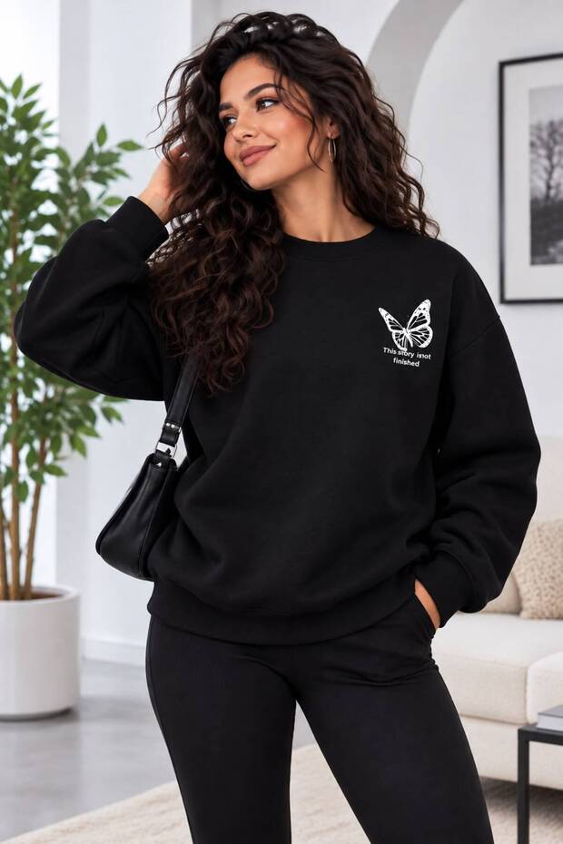 Unisex Printed Oversize Thick 2 Thread Ribbed Crew Neck Sweatshirt