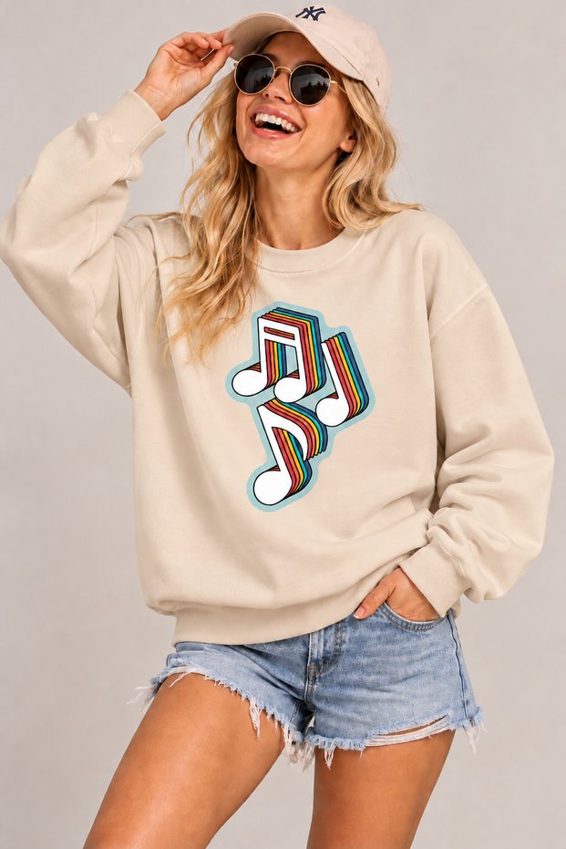 Retro Music Notes Printed Unisex Oversize Sweatshirt – Crew Neck Casual Sweatshirt