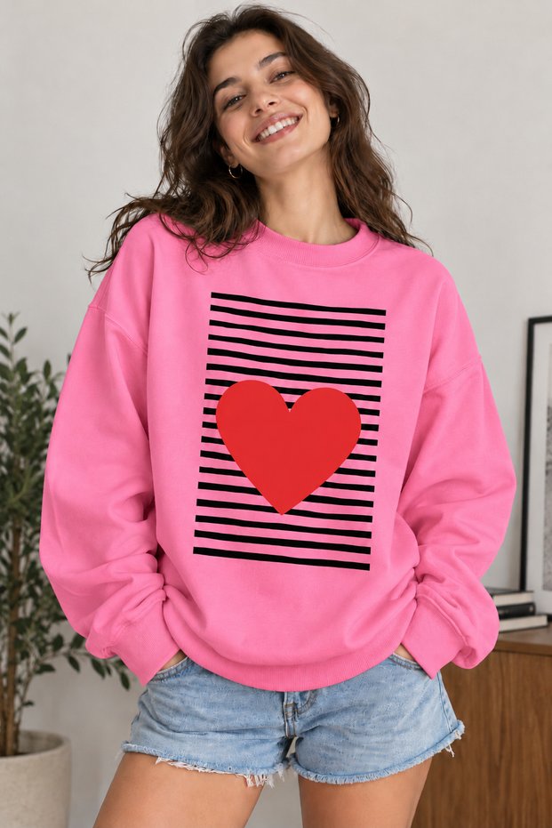 Line Patterned Heart Printed Unisex Oversize Sweatshirt – Crew Neck Casual Sweatshirt