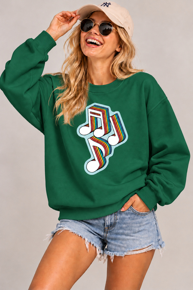 Retro Music Notes Printed Unisex Oversize Sweatshirt – Crew Neck Casual Sweatshirt