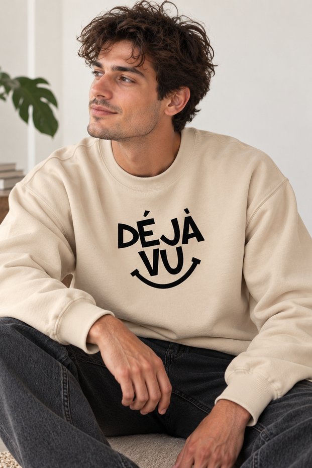 Unisex Oversize Sweatshirt with Deja Vu Written Smile Detail – Crew Neck Casual Daily Sweatshirt