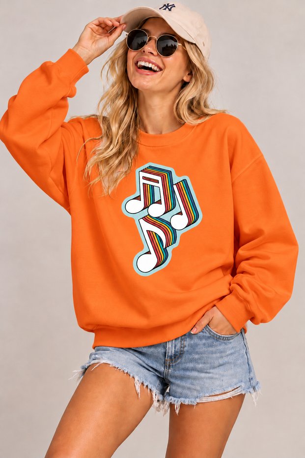 Retro Music Notes Printed Unisex Oversize Sweatshirt – Crew Neck Casual Sweatshirt