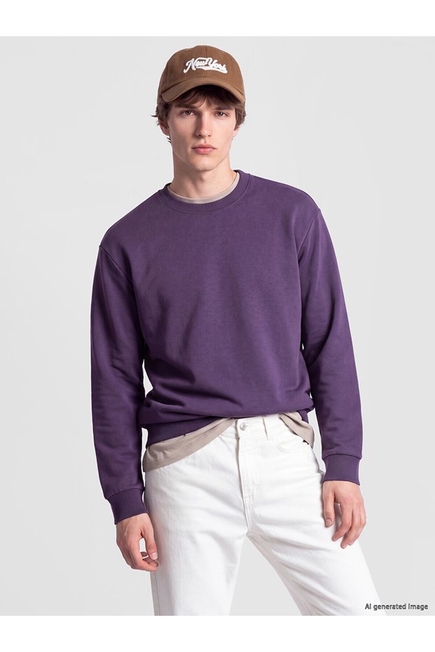 Özmarka New Season Purple Crew Neck Men's Thick Sweatshirt