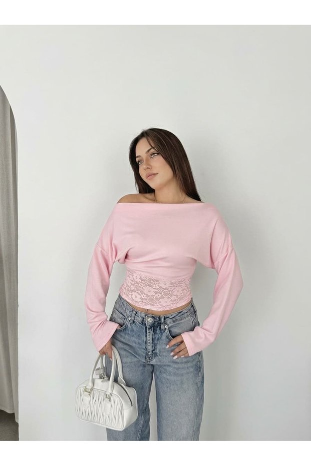 Off-The-Shoulder Lace Detailed Long Sleeve Modal Blouse Sun630