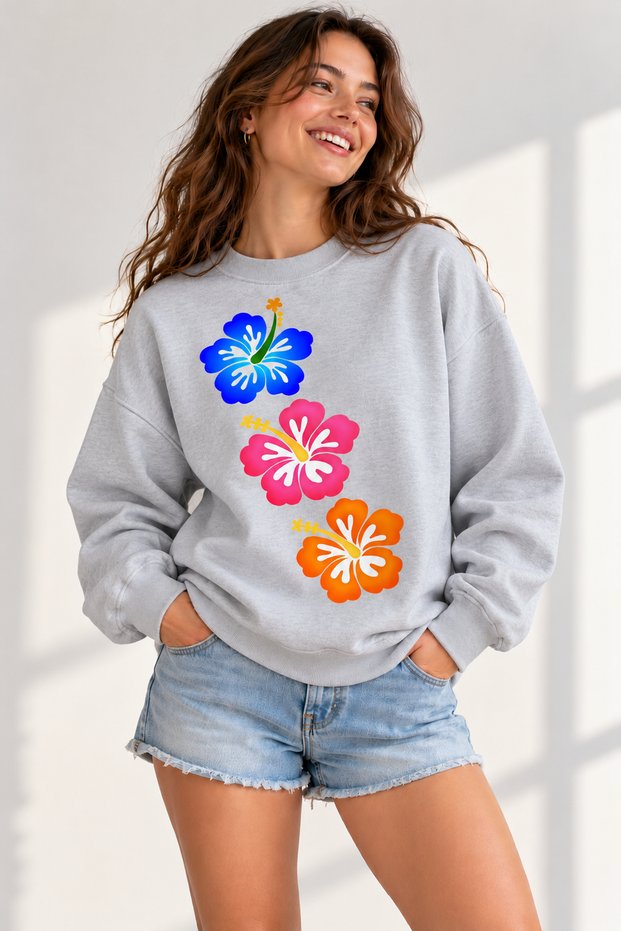 Hibiscus Flower Printed Unisex Oversize Sweatshirt – Crew Neck Casual Sweatshirt