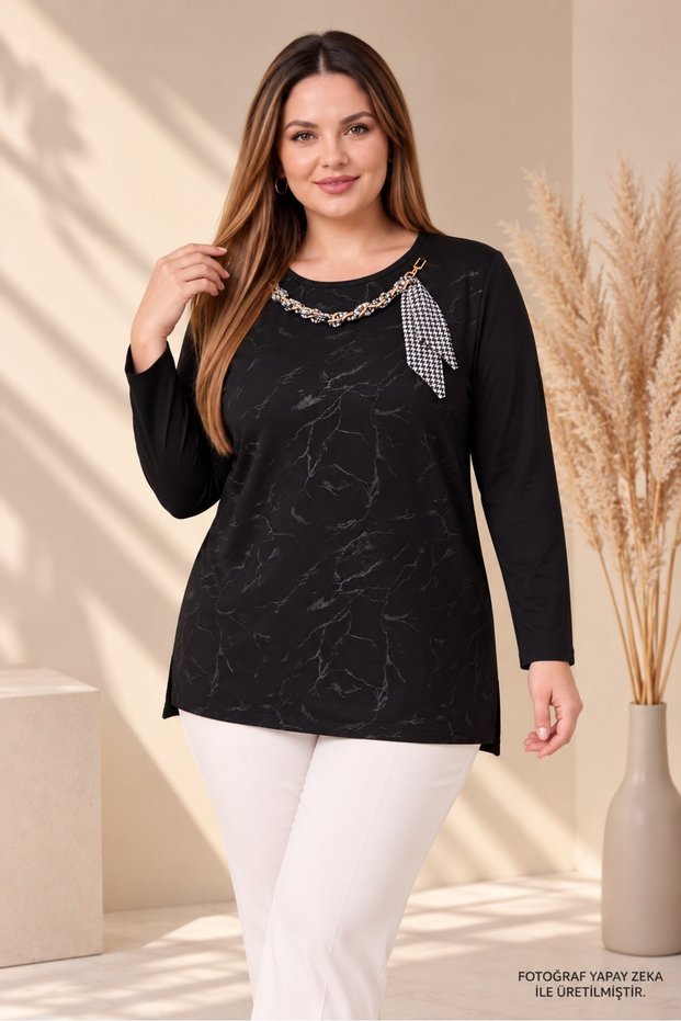 Women's Black Plus Size Front Patterned Collar Chain Scarf Detail Wide Collar Long Sleeve Stretchy Viscose Blouse