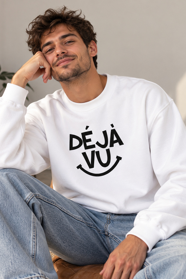 Unisex Oversize Sweatshirt with Deja Vu Written Smile Detail – Crew Neck Casual Daily Sweatshirt