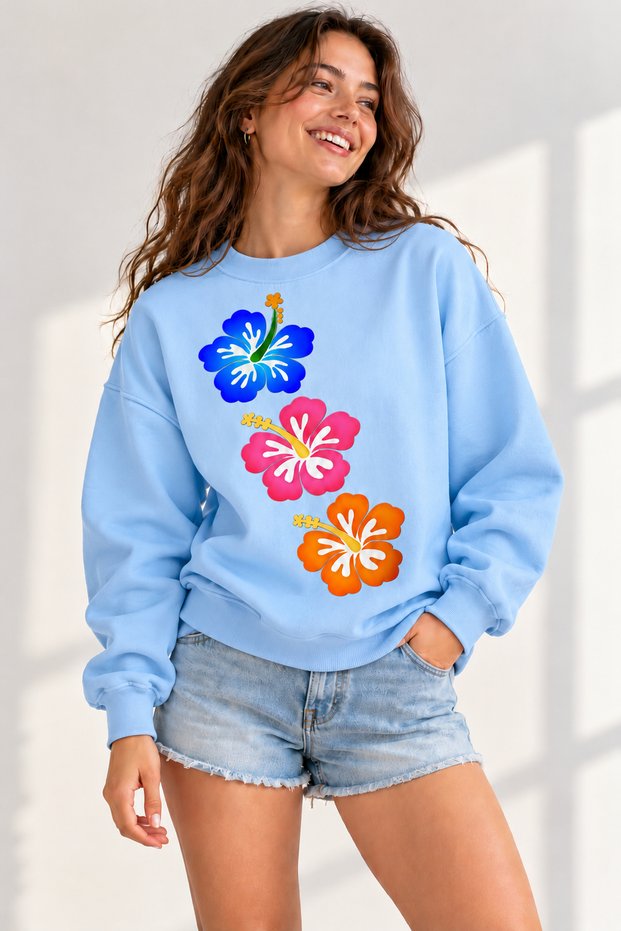Hibiscus Flower Printed Unisex Oversize Sweatshirt – Crew Neck Casual Sweatshirt