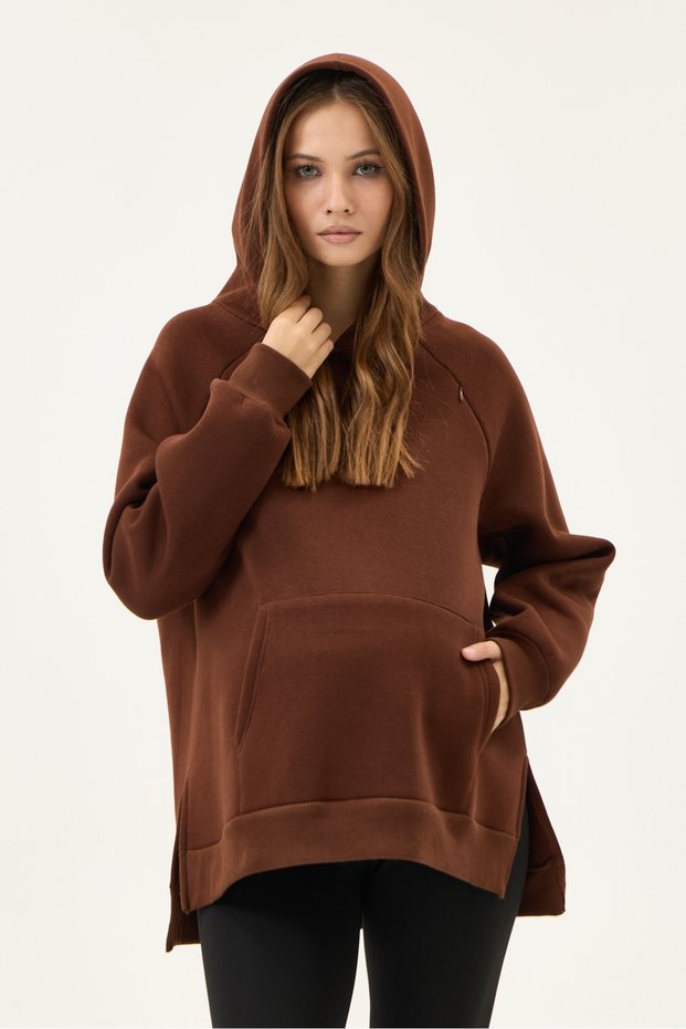 Maternity Coffee Oversize Kangru Pocket Hooded 3-Thread Raster Hoodie with Hidden Zipper Detail (Breastfeeding)