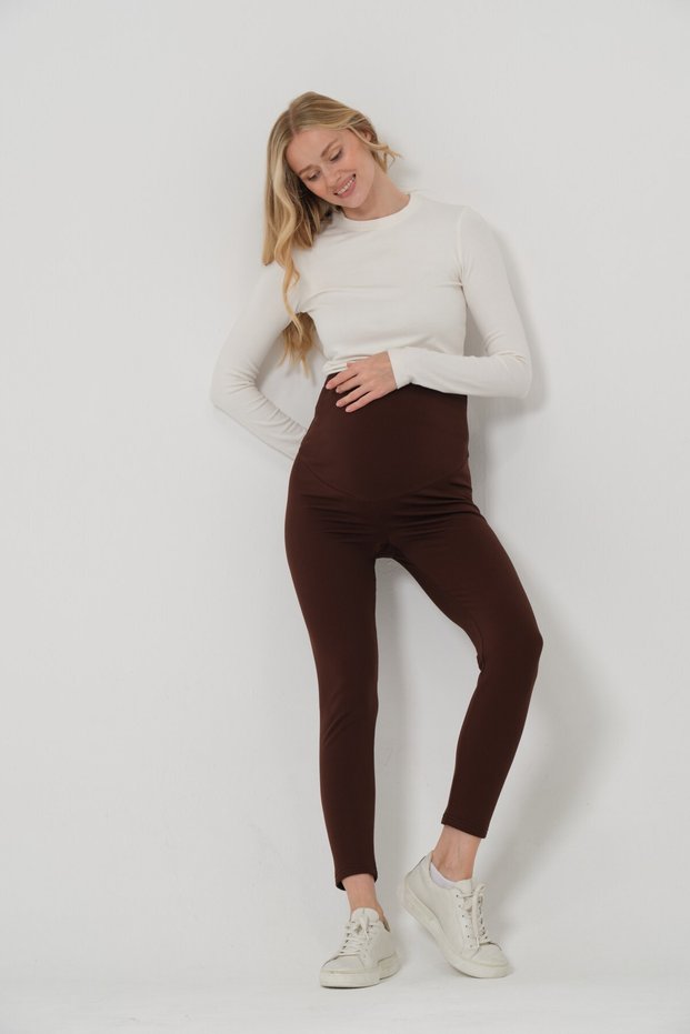 Maternity Adjustable Waist Ribbed Thermal Leggings Aci Brown