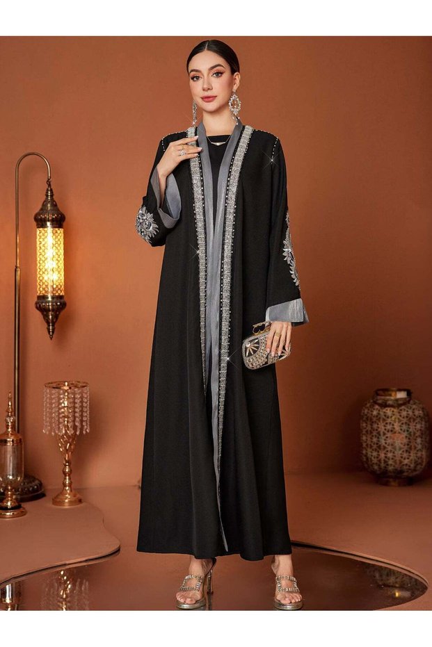 Black Contrast-Trim Open Abaya