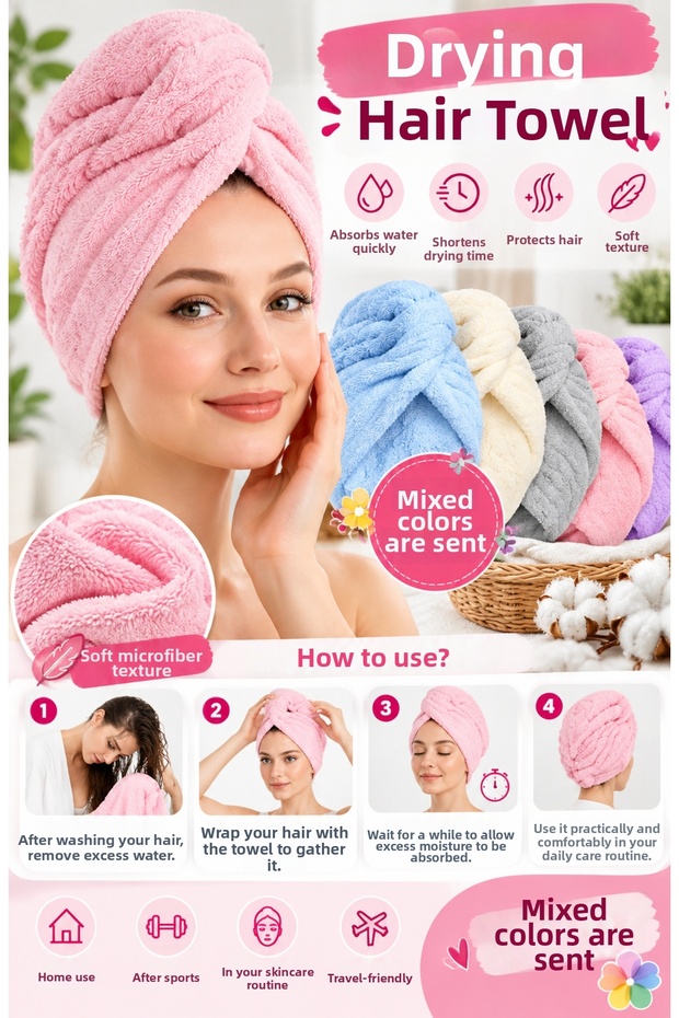 (1Pcs)Plush Long Microfiber Hair Drying Towel Bonnet High Absorbent Soft Textured Practical Hair Towel Mixed Color