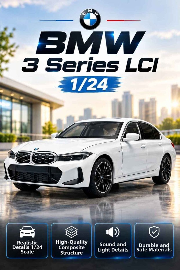 Bmw 3 Series Lci White 1/24 Diecast Metal Model Car with Lights and Sound, Working Wheels Steering