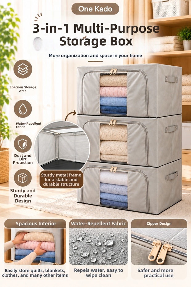 3-Piece Multi-Purpose Storage Box, Metal Skeleton, Foldable, Zippered, Water-Repellent Fabric, Gray