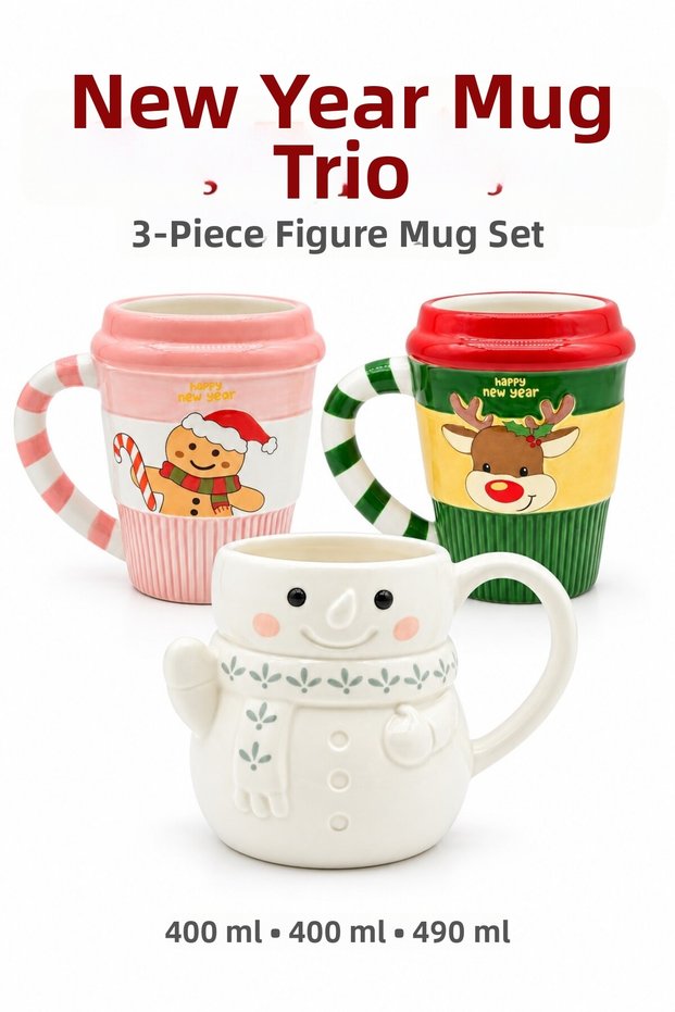 Cookie Man Deer Snowman Christmas 3-Piece Mug Set