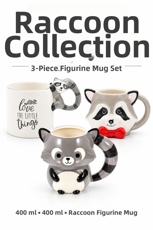 Set of 3 Mugs and Coffee Cups with Raccoon Figures
