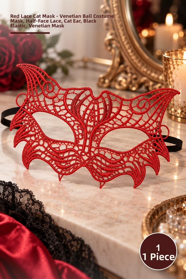 1 Piece Red Lace Cat Mask – Venetian Ball Costume Mask, Lace Embroidered Half Face, with Cat Ears, Black Elastic, Venetian Mask