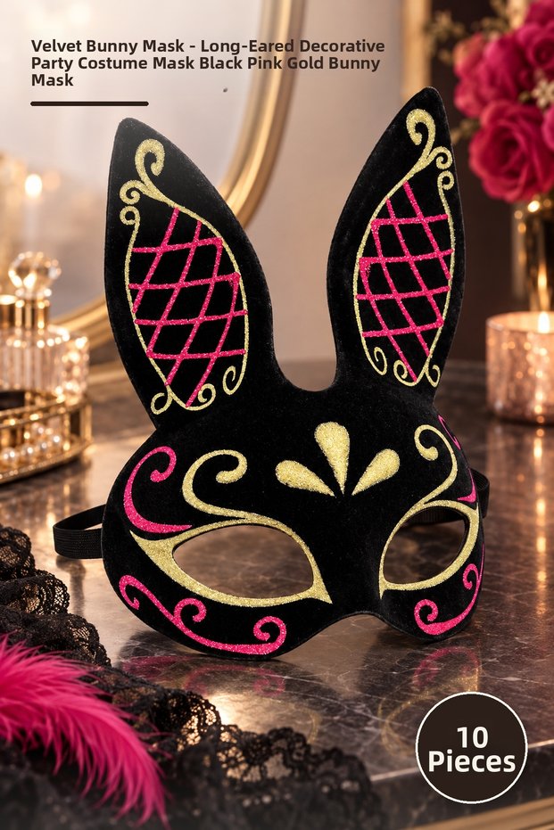 10 Pieces of Suede Embroidered Rabbit Mask – Decorative Party Costume Mask with Long Ears Black Pink Gold Bunny Mask
