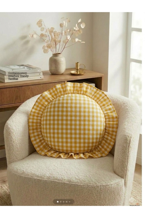 Round Ruffled Gingham Throw Pillow - Filled Inside