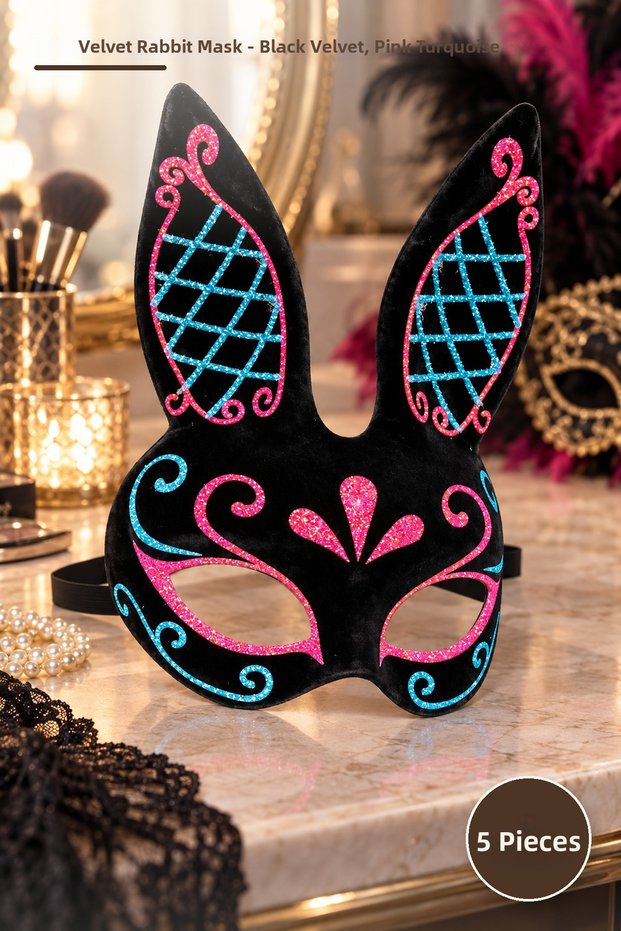 5 Pieces Embroidered Suede Rabbit Mask – Black Suede Finish, Pink Turquoise Decoration, Long-Eared Party and Costume Mask (Bunny Mask, Costume Mask)