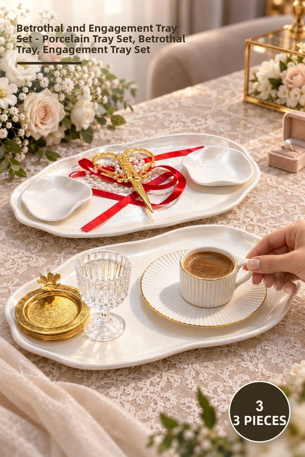 3 Piece Girl's Proposal and Engagement Tray Set – Porcelain Tray Set, Girl's Proposal Tray, Engagement Tray Set