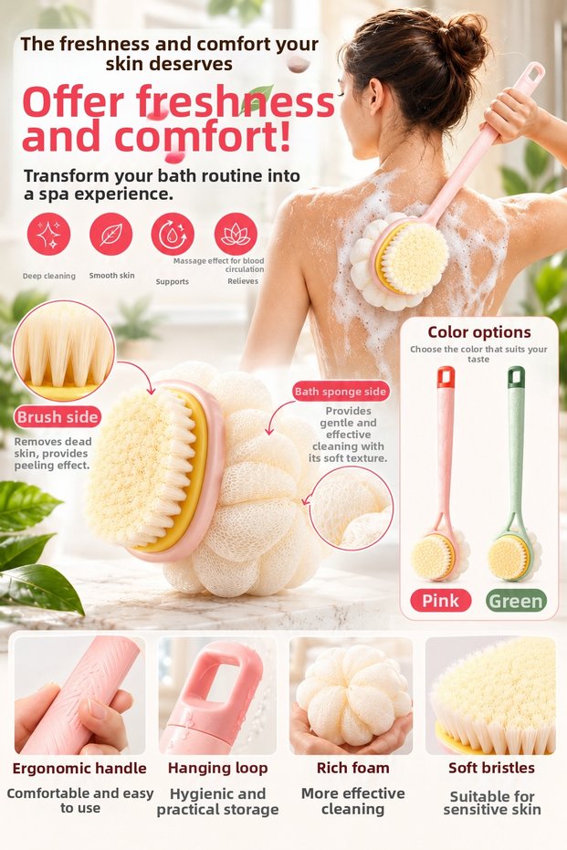 Double-Sided Long-Handled Bath Brush & Exfoliating Body and Back Loofah
