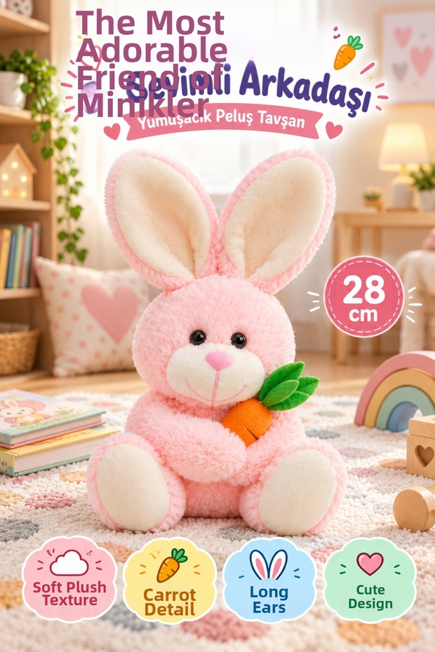 Pink Rabbit Plush Toy 28 cm Cute Soft Toy with Carrot Children's Room Decoration Companion Set