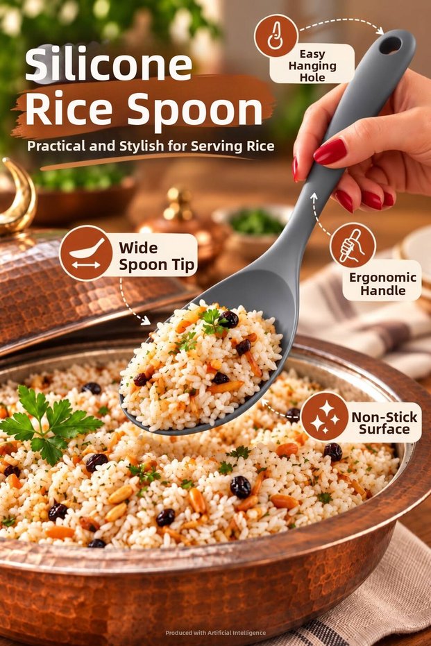 Silicone Rice Spoon Grey Color Wide Surface Ergonomic Handle Serving Spoon