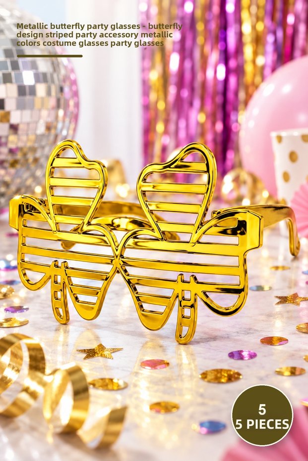 5 Pieces Metallic Butterfly Party Glasses – Butterfly Design Striped Party Accessory Metallic Colors Costume Glasses Party Glasses