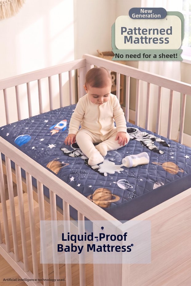 Astronaut Patterned Quilted Liquid-Proof Baby Mattress – Fully Surrounding the Bed with Elastic Edges