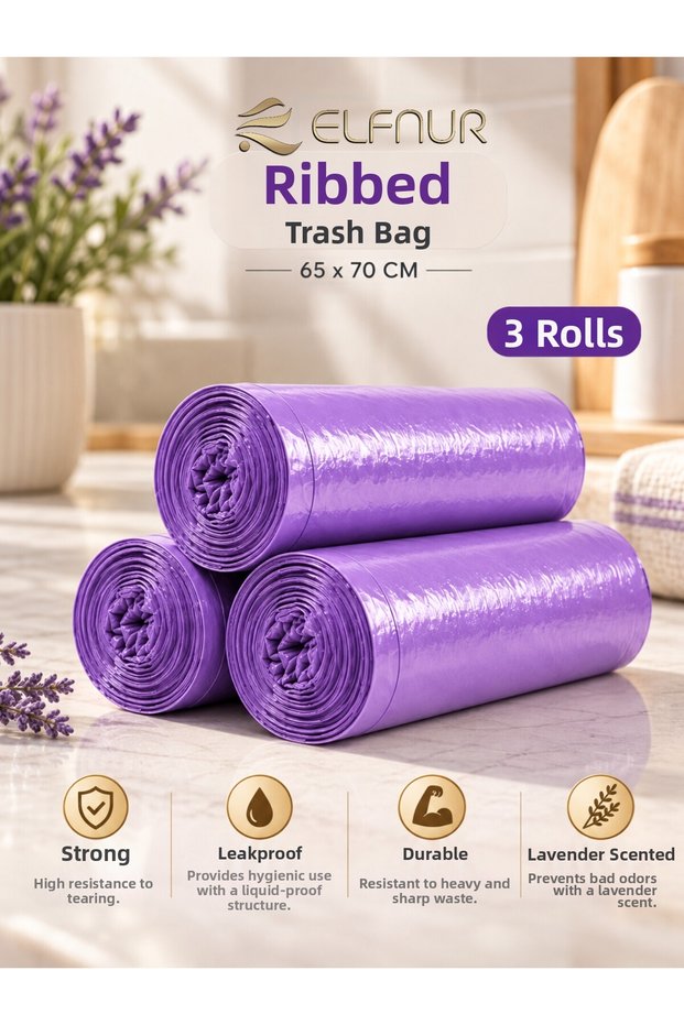 Drawstring Trash Bag with Lavender Scent 65×75 cm Large Size 3 Rolls Durable Leak-Proof Trash Bag