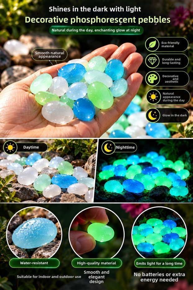 50 Pieces of Phosphorescent Pebbles Green Glowing in the Dark Decorative Garden Flower Pot Landscape Stones