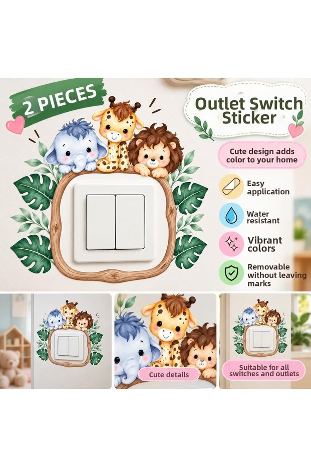 2 Pieces of Safari Animals Socket and Light Switch Surround Stickers – Elephant, Giraffe, Lion Children's Room Wall Decoration