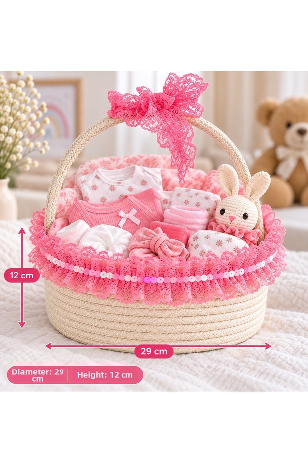 Handmade Jute Rope Baby Basket – Decorative Baby Gift Basket with Laces and Bows