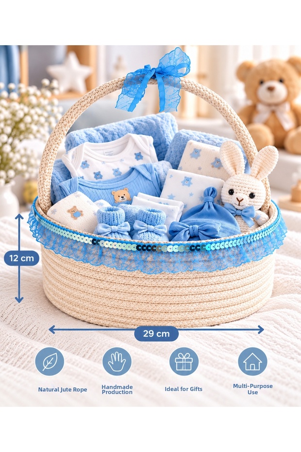 Handmade Jute Rope Baby Basket – Decorative Baby Gift Basket with Laces and Bows
